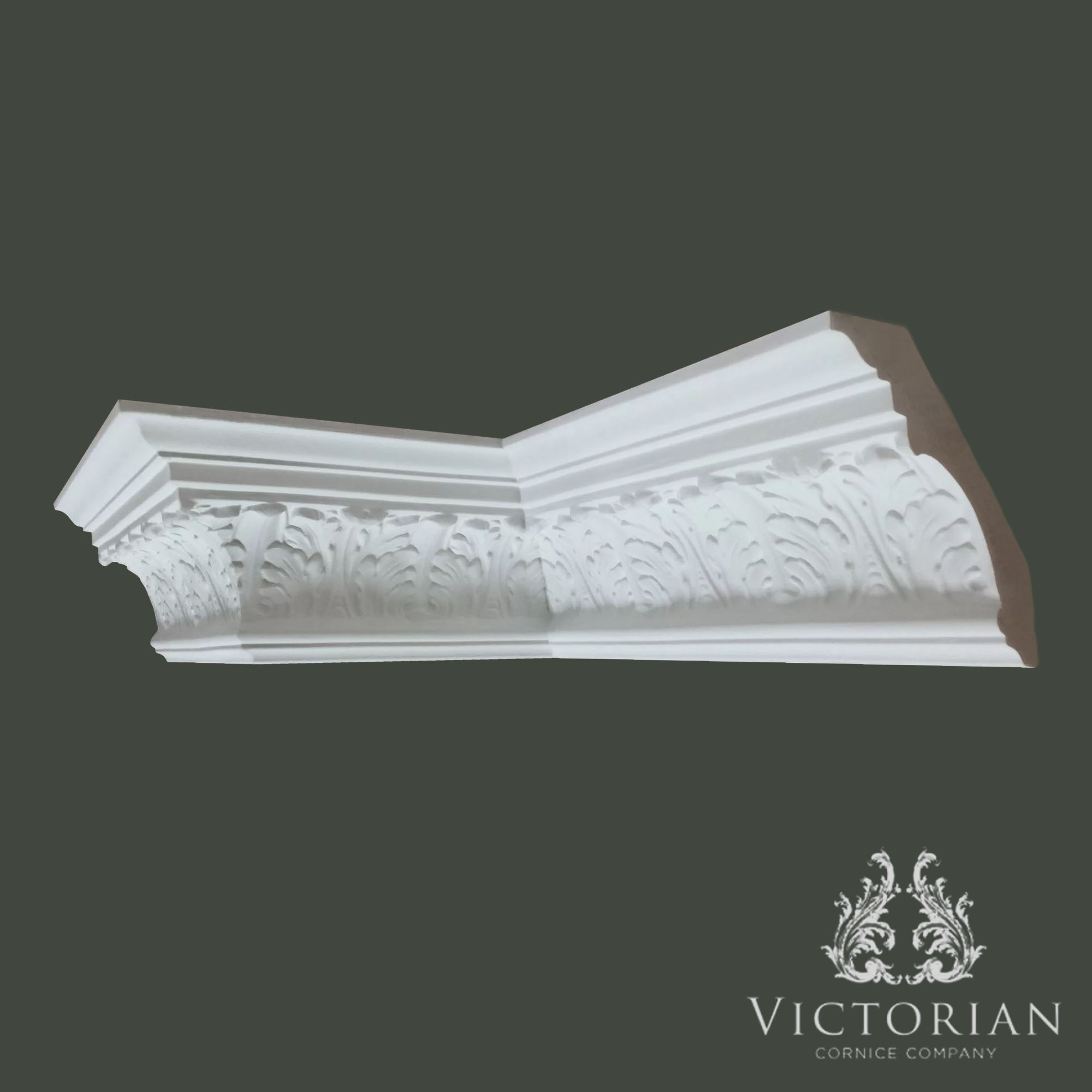 Decorative acanthus leaf plaster cornice with detailed classical scrollwork and stepped upper profile