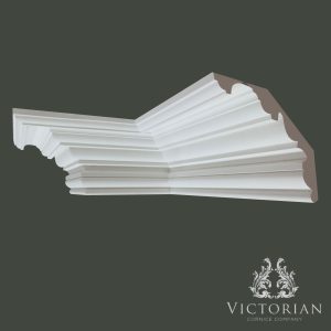 Regency style plaster cornice with layered stepped detailing and deep decorative profile