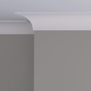 C26 Cavetto Plaster Cornice Installed Large plain cavetto plaster cornice installed in a traditional room setting with deep curved profile and clean ceiling transition