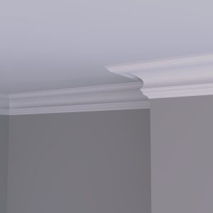 C27 Swan Neck Plaster Cornice Installed Large swan neck plaster cornice installed in a traditional room setting with deep curved profile and stepped detailing