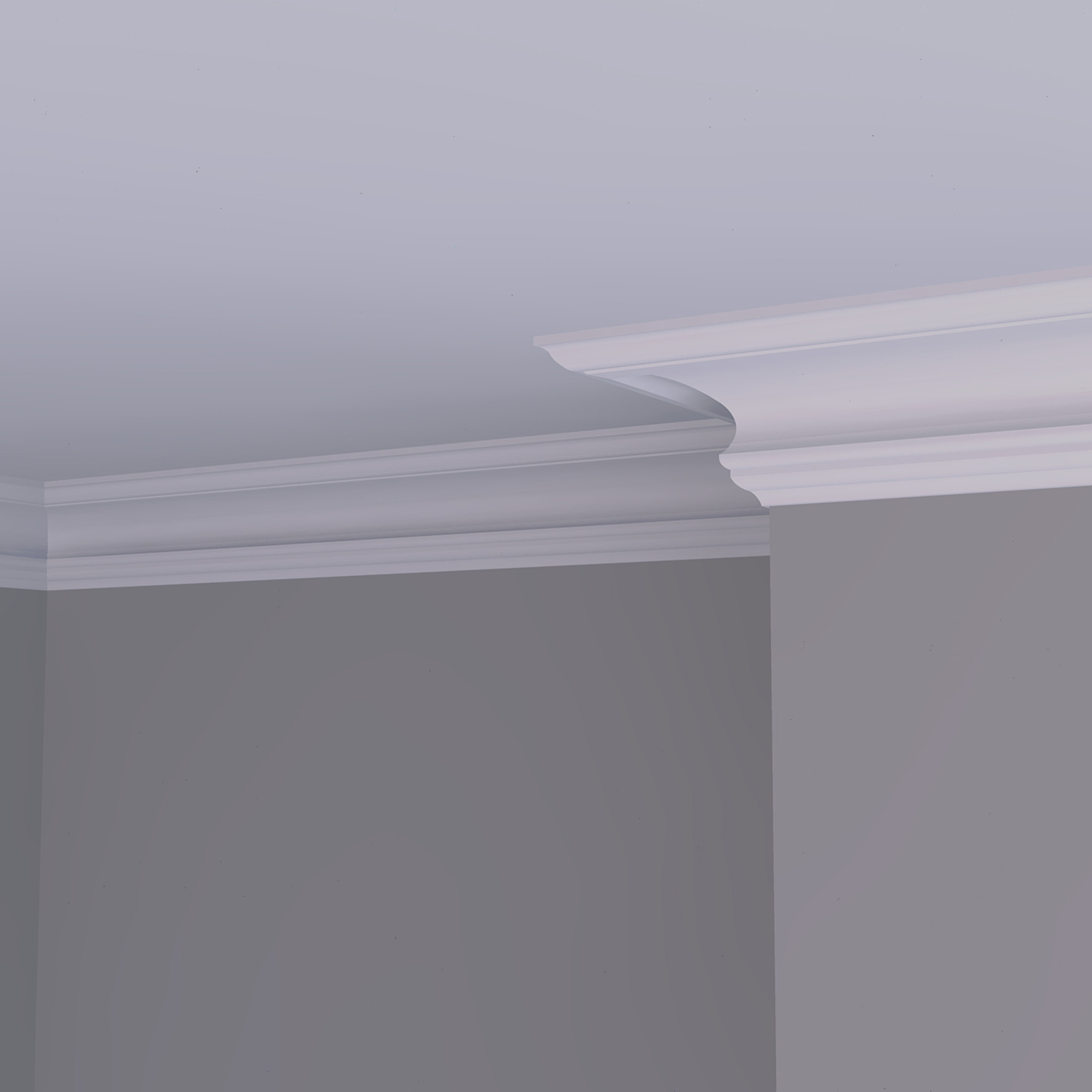 Large swan neck plaster cornice installed in a traditional room setting with deep curved profile and stepped detailing
