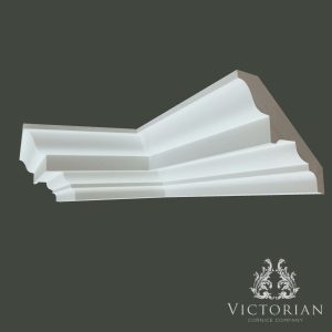 Georgian style plaster cornice with stepped profile and smooth curved detailing handcrafted in plaster