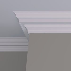 C28 Georgian Plaster Cornice Installed Georgian plaster cornice installed in a traditional interior with stepped profile and smooth classical detailing