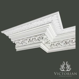 C34 Grand Victorian Ornate Plaster Cornice C34 grand Victorian plaster cornice with deep floral enrichment and layered stepped detailing handmade in Birmingham UK