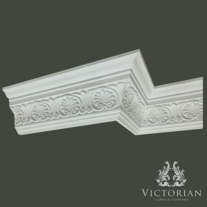 C37 plaster cornice with repeating honeysuckle leaf detailing and crisp stepped classical profile