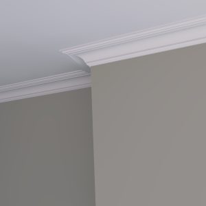 C48 Edwardian Plaster Cornice Installed Edwardian plaster cornice installed in a contemporary room with elegant stepped detailing and soft curved profile