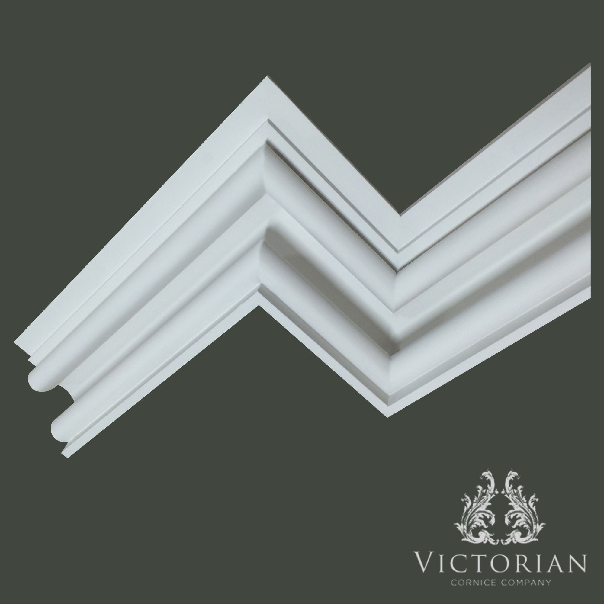 Front angled view of C53 modern plaster cornice with layered stepped detailing and clean contemporary lines