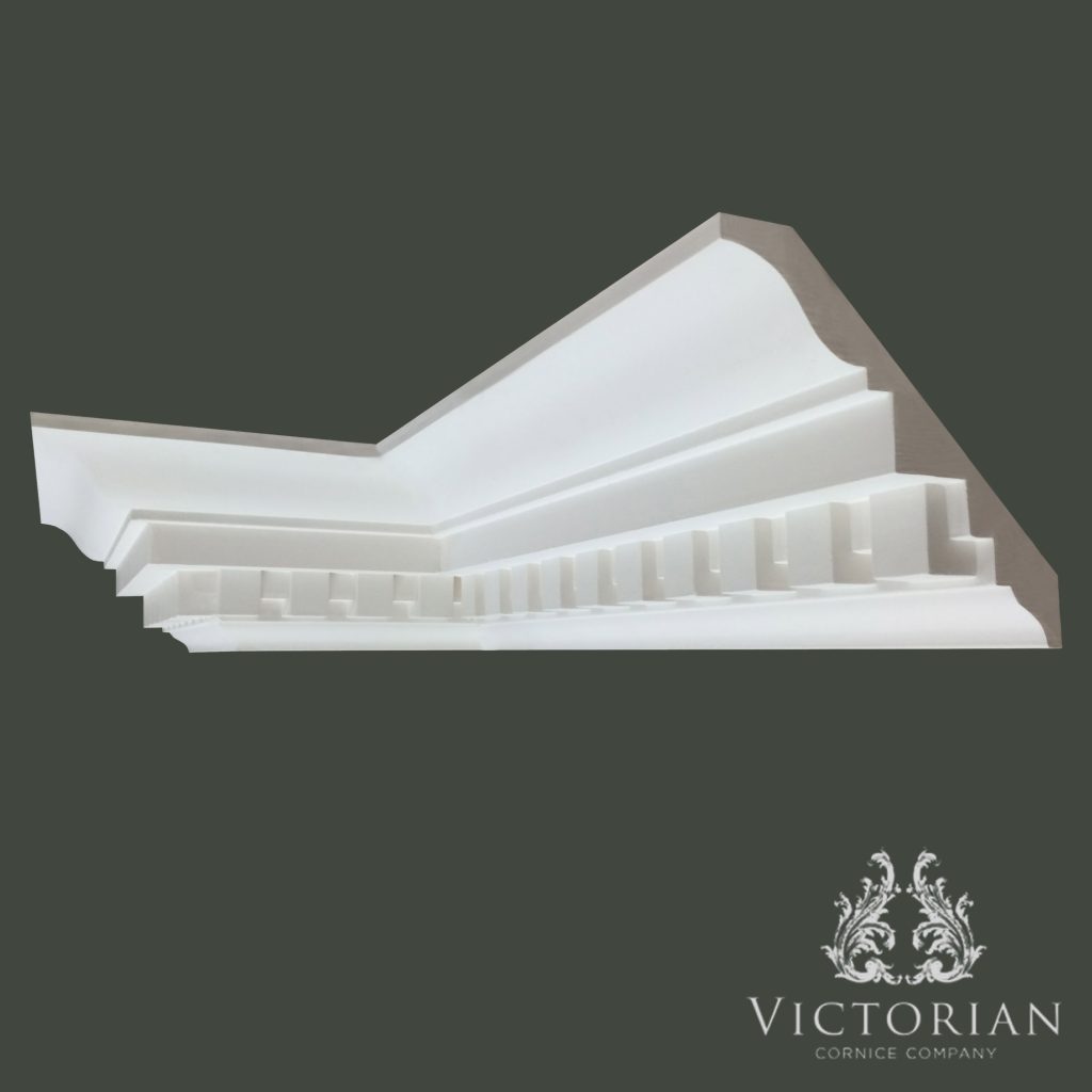 Georgian dentil plaster cornice with traditional block detailing and elegant curved profile handmade in Birmingham