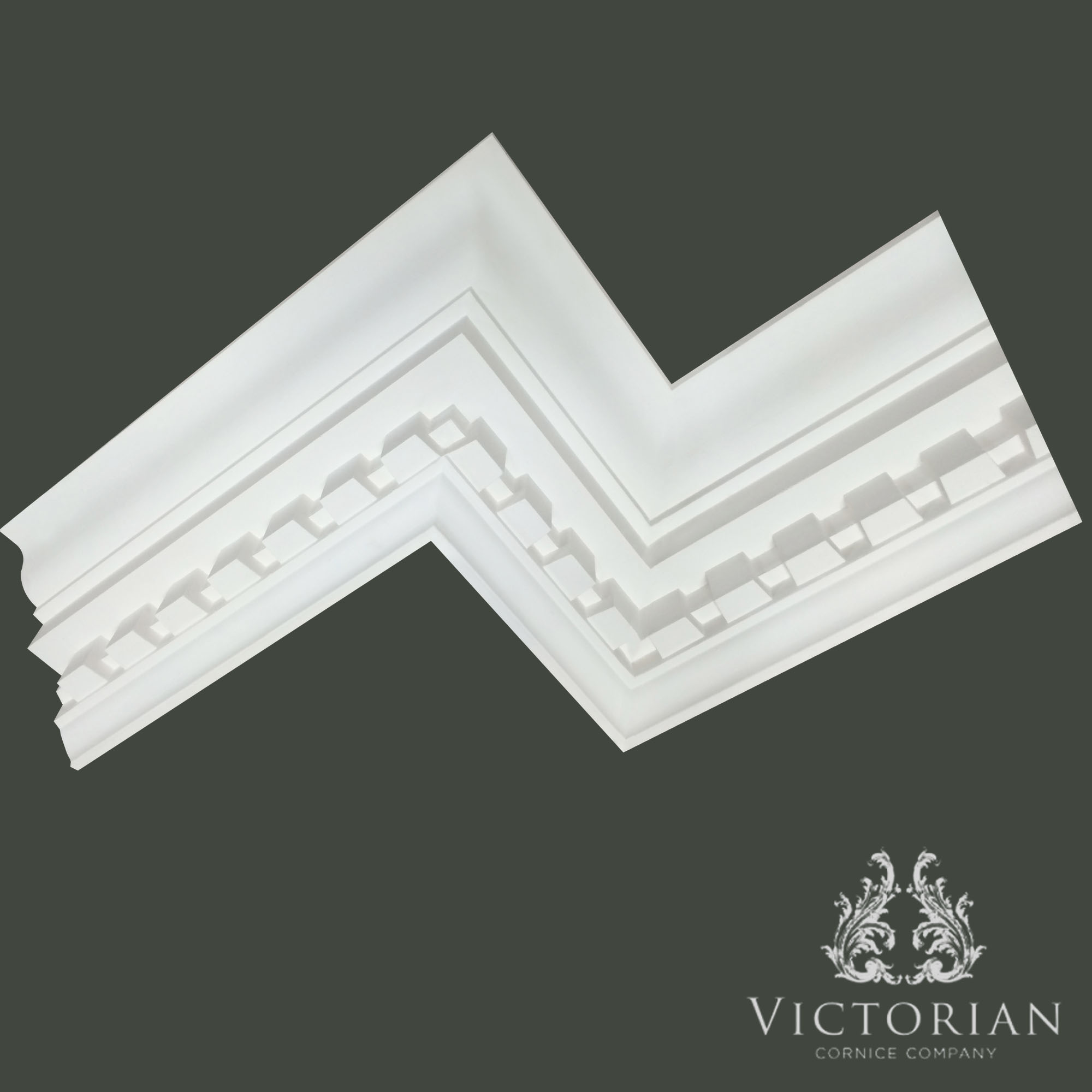 Front angled view of C54 Georgian dentil plaster cornice with crisp block detailing and traditional stepped profile