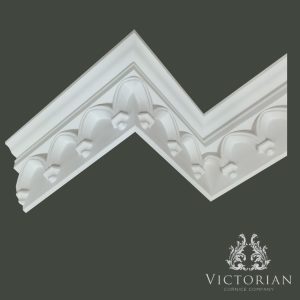 C56 Gothic Plaster Cornice Front Detail Front angled view of C56 Gothic plaster cornice with decorative pointed arch detailing and traditional Gothic styling