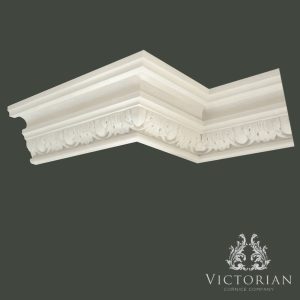 Victorian egg and leaf plaster cornice with decorative classical enrichment and stepped traditional profile