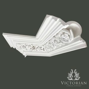 Grand Victorian plaster cornice with ornate floral enrichment and large decorative scroll detailing