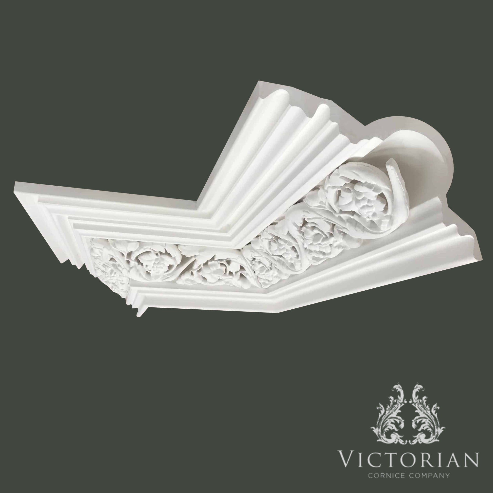 Grand Victorian plaster cornice with ornate floral enrichment and large decorative scroll detailing