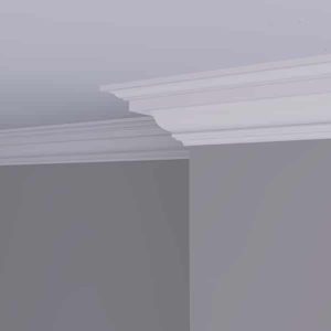 C67 Renaissance Plaster Cornice Installed C67 Renaissance plaster cornice installed in a modern interior with clean ceiling transition and traditional stepped profile