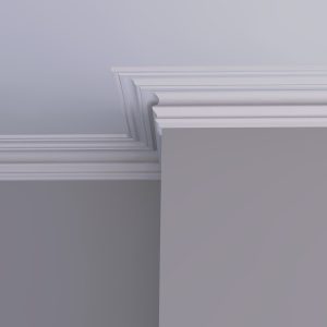 C7 Victorian swan neck plaster cornice installed in a traditional interior with elegant ceiling detail