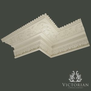 C73 Victorian ornate plaster cornice with richly detailed acanthus leaves, floral motifs and decorative dentil border