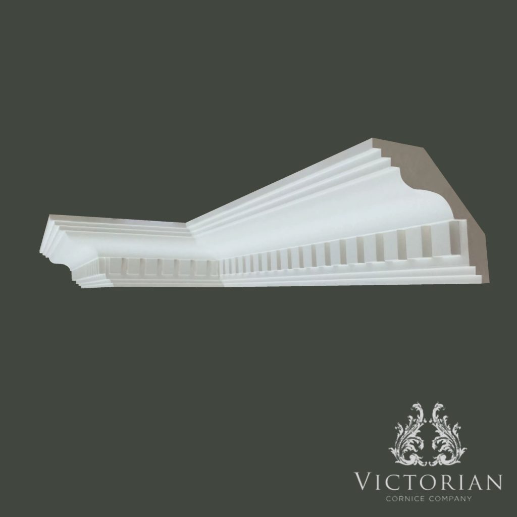 C75 dentil plaster cornice with stepped profile and traditional dentil block detailing, shown in corner section view.