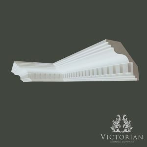 C75 dentil plaster cornice with stepped profile and traditional dentil block detailing, shown in corner section view.