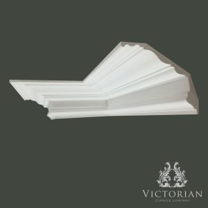 C81 Georgian plaster cornice featuring a large sweeping cove profile with crisp stepped mouldings and classical proportions, shown in corner section view.
