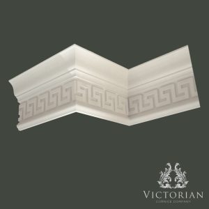 C84 Greek Key plaster cornice featuring a classic geometric fret pattern inspired by traditional Greek and neoclassical architecture.