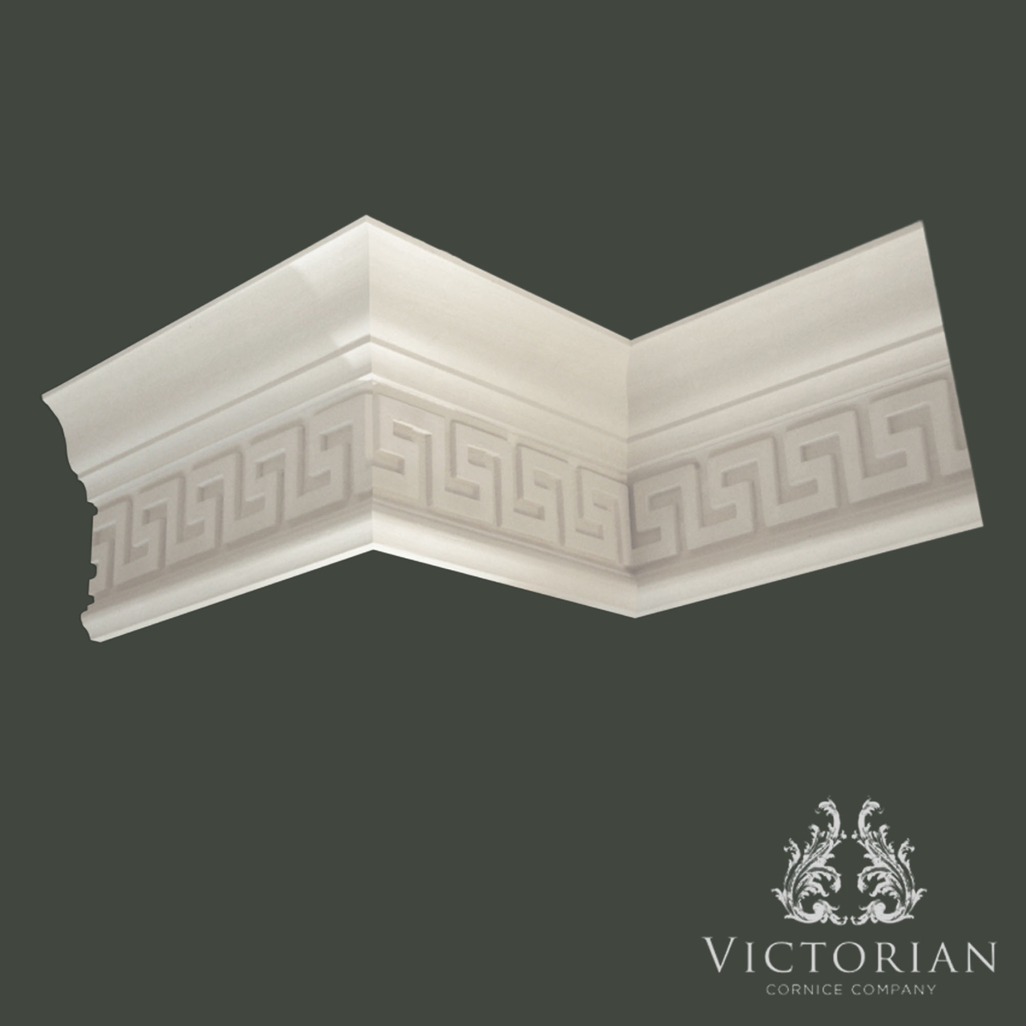C84 Greek Key plaster cornice featuring a classic geometric fret pattern inspired by traditional Greek and neoclassical architecture.