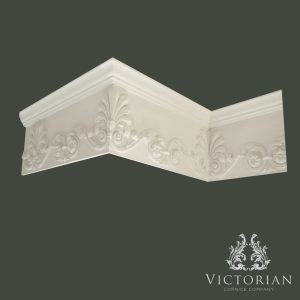 C85 Honeysuckle Frieze plaster cornice featuring decorative floral ornamentation and classical scrollwork inspired by traditional Victorian interiors.