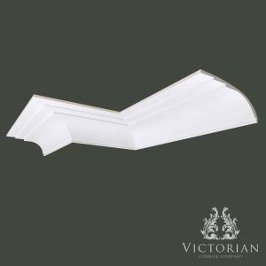 C98 Art Deco plaster cornice with a smooth stepped profile and elegant curved form, handmade in the UK.