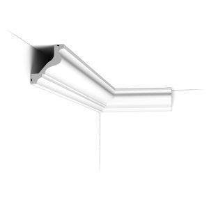 C200 Orac Purotouch cornice installed in a corner, featuring a smooth ogee curve with subtle stepped detailing.