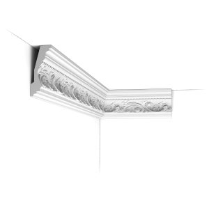 C201 Orac Purotouch cornice installed in a corner, featuring an ornate scroll and leaf pattern with stepped upper moulding.