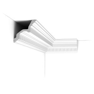C211 Orac Purotouch cornice installed in a room corner with strong stepped lines and a detailed linear moulding.