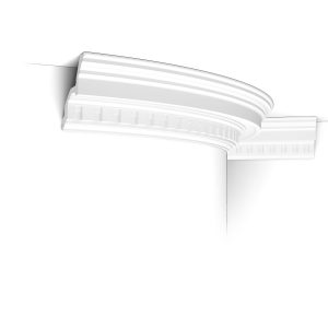 C211F Orac flexible cornice installed on a curved wall, showing the dentil detail and smooth sweeping profile.