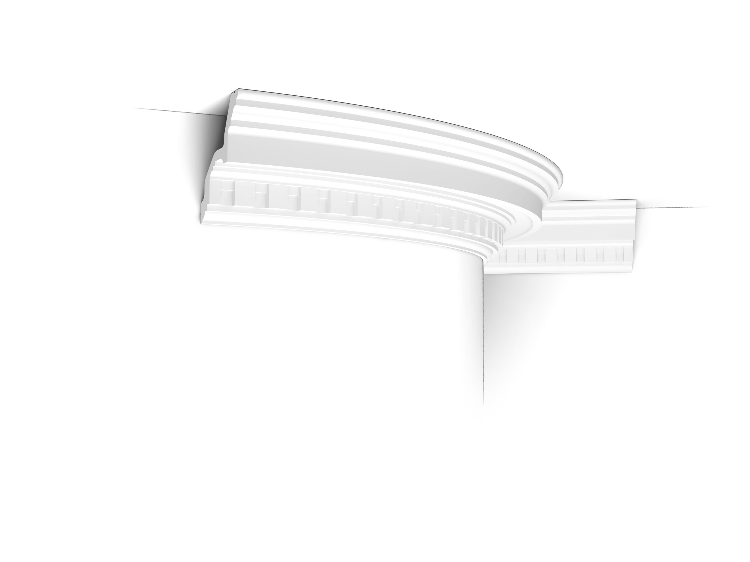 C211F Orac flexible cornice installed on a curved wall, showing the dentil detail and smooth sweeping profile.