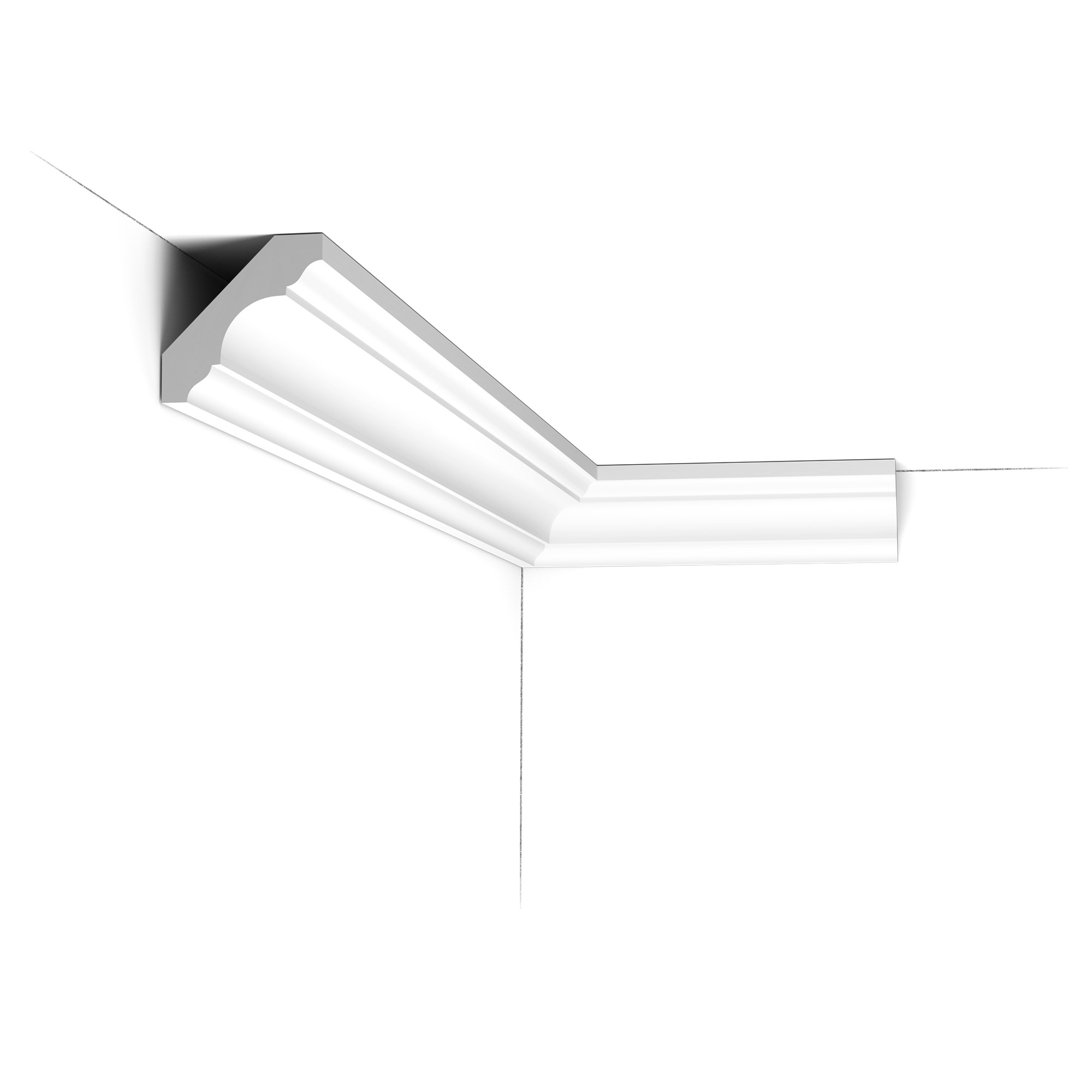 C215 Orac Purotouch cornice installed in a corner, showing the classic stepped and curved profile.