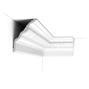 C219 Orac Purotouch cornice with detailed leaf and scroll pattern installed in a ceiling corner