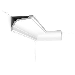 C220 Orac Purotouch cornice installed in a corner, showing the stepped and curved profile