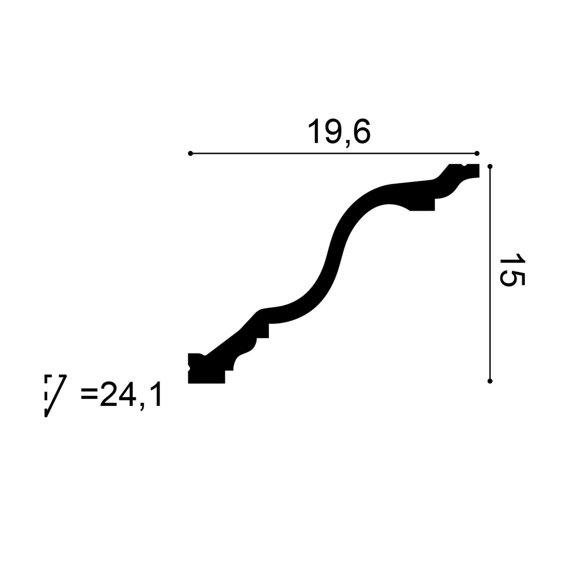 Cross-section diagram of the C334 cornice showing a 19.6 cm projection, 15 cm drop and a curved profile with layered detailing.