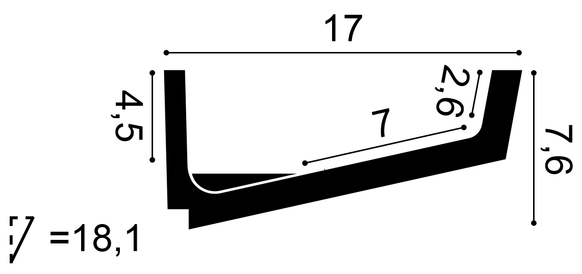 Cross section of Orac C352 LED lighting cornice showing concealed uplighting channel and light distribution