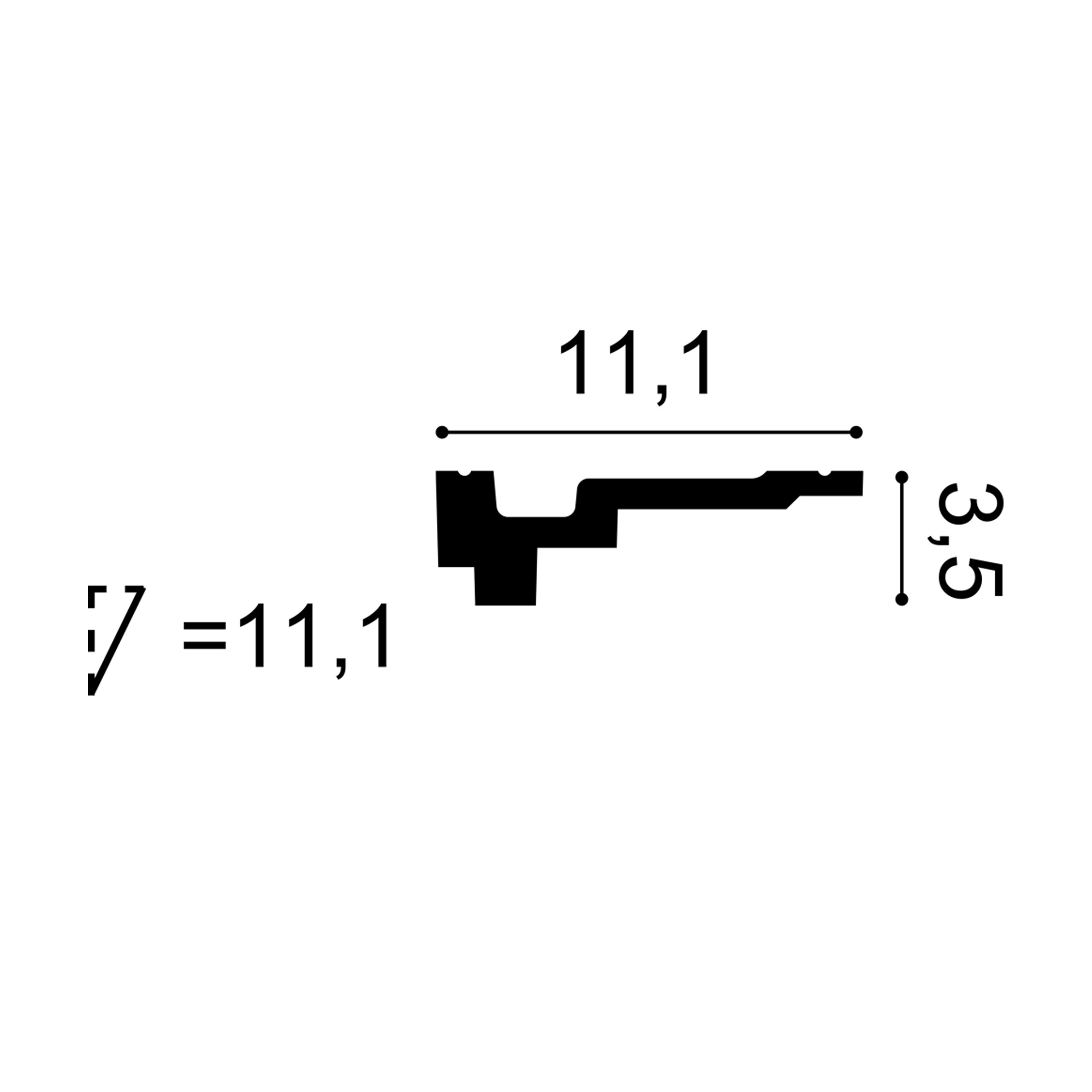 ORAC C355 cornice cross-section showing a compact stepped profile with 11.1mm projection and 39.5mm height.
