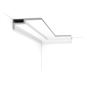 C391 Orac lighting cornice with deep stepped LED profile installed along the ceiling.
