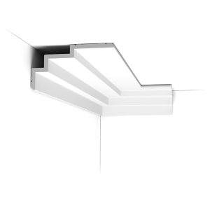 ORAC C392 stepped Art Deco cornice installed at the wall and ceiling junction, featuring bold geometric lines and a layered architectural profile.