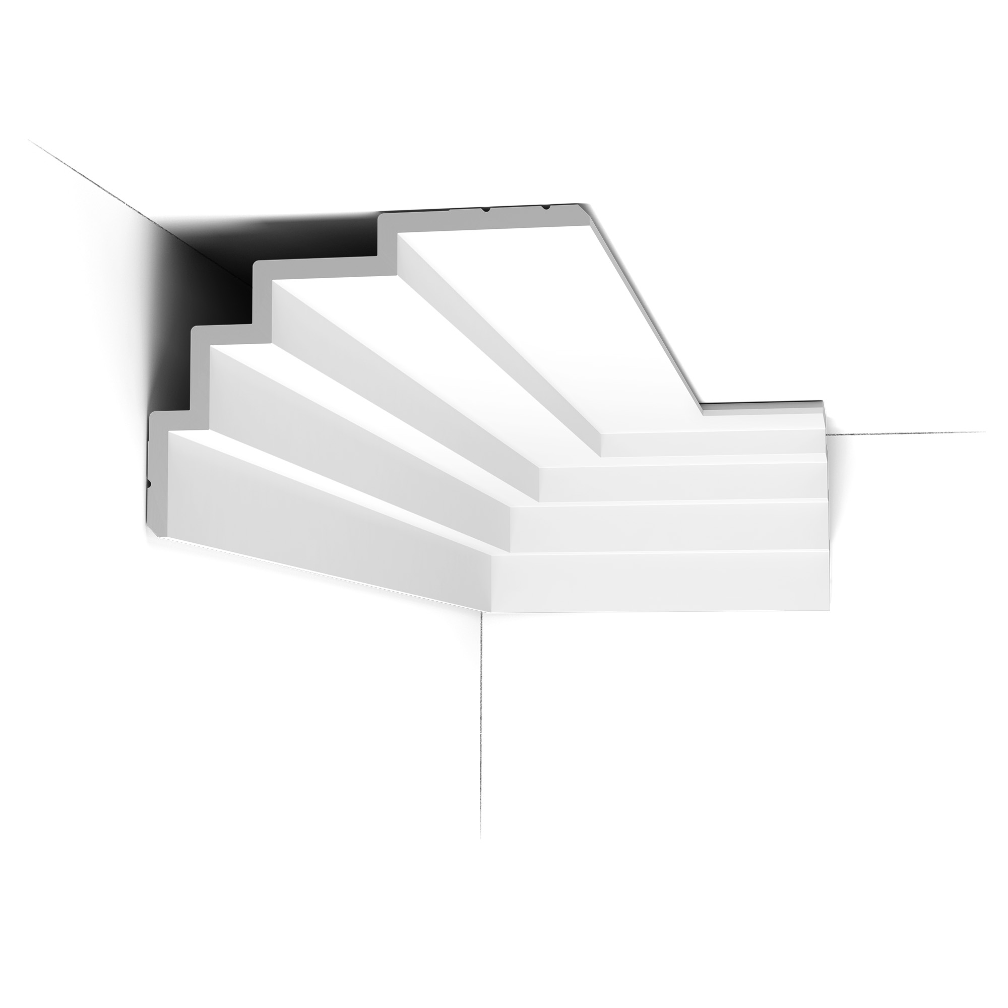 ORAC C393 stepped Art Deco cornice installed between wall and ceiling, featuring a bold multi-layered geometric profile for statement interiors.