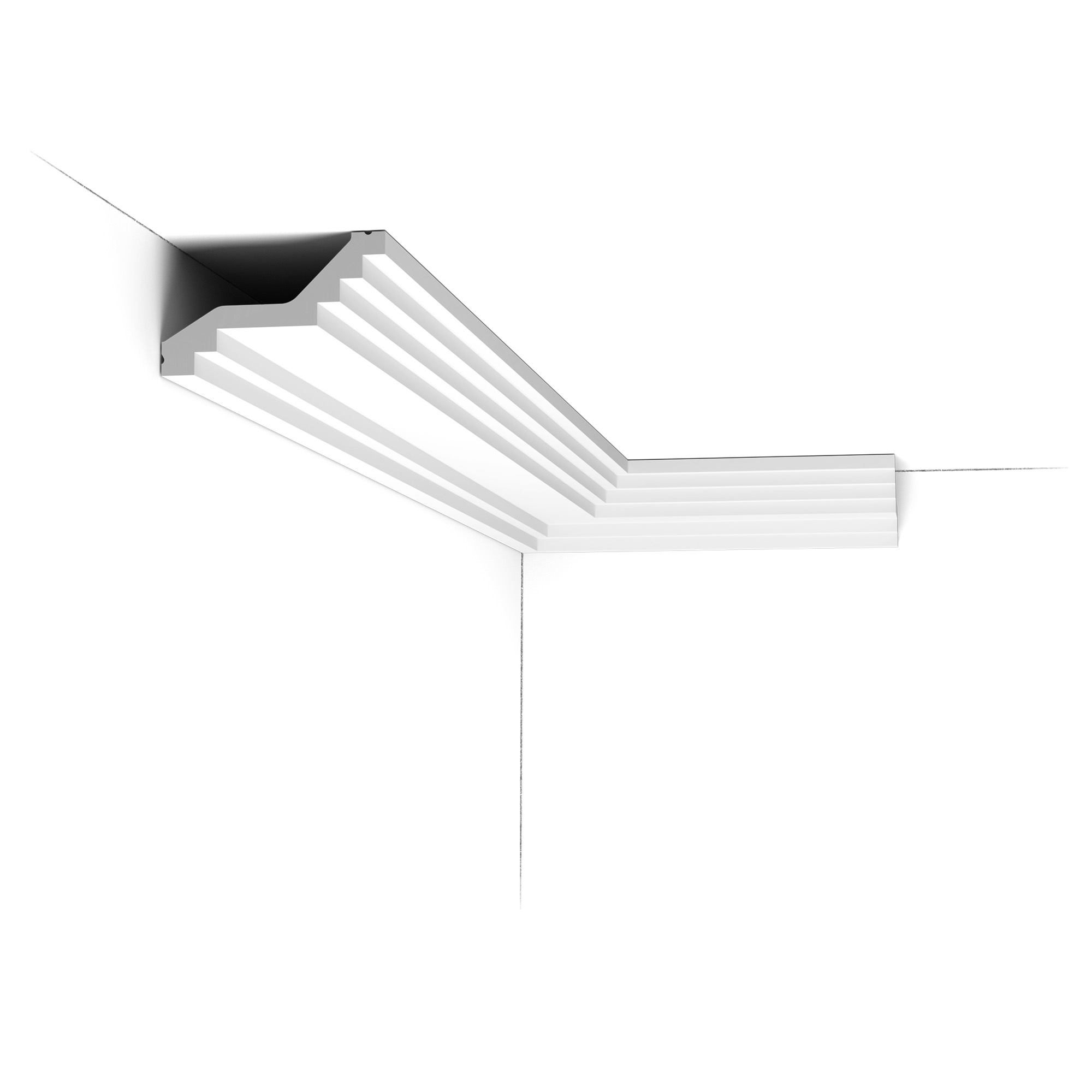 ORAC C400 decorative cornice installed at the wall and ceiling junction, featuring elegant stepped detailing and a refined linear profile.