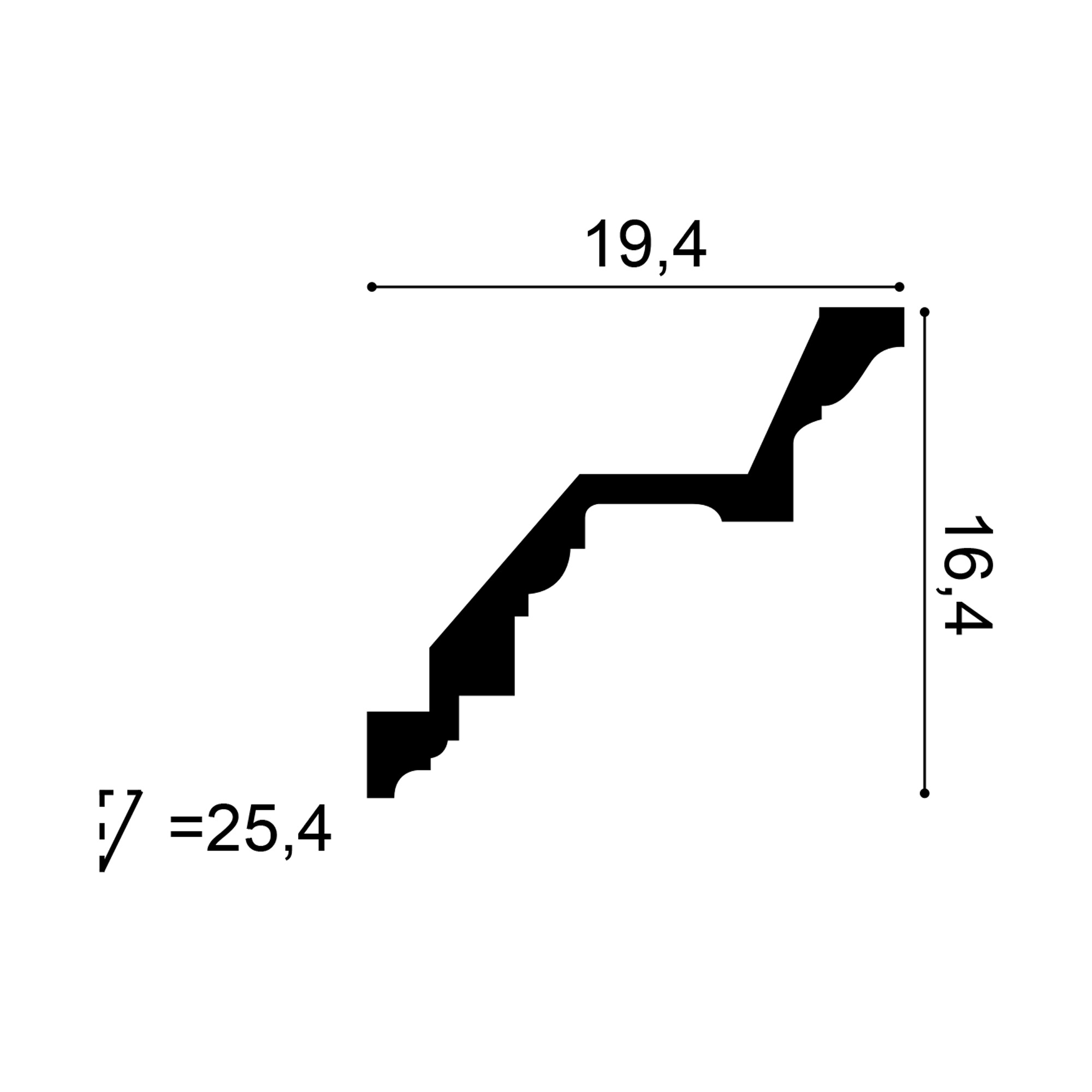 ORAC C422 cornice cross-section showing an ornate stepped profile with dentil detailing, 19.4cm projection and 16.4cm height.
