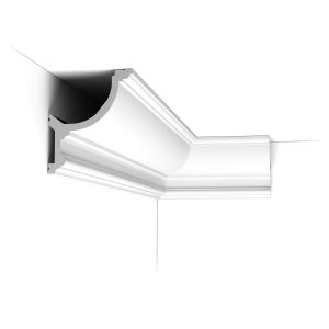 ORAC C901 Purotouch cornice with a deep cove profile and subtle decorative moulding, installed between wall and ceiling.