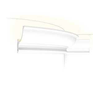 Flexible Orac LED coving with classic detailing installed on a curved ceiling with concealed lighting