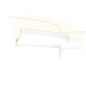 Flexible Orac LED coving with smooth contemporary profile installed on a curved ceiling with concealed lighting