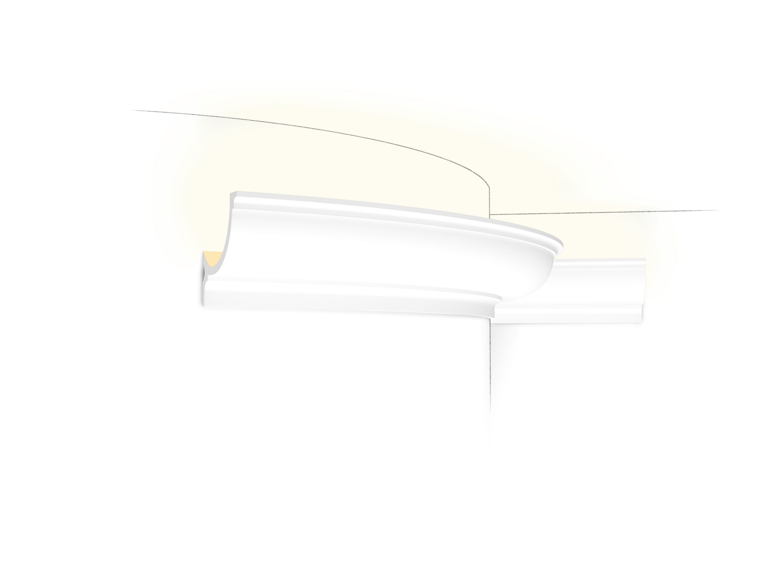 Flexible Orac LED coving with smooth contemporary profile installed on a curved ceiling with concealed lighting