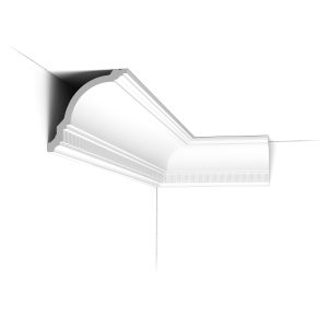 Installed corner view of the CX107 Orac duropolymer cornice showing the curved classical profile with dentil detailing.