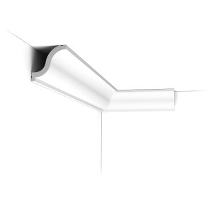 Installed corner view of the CX108 Orac duropolymer cornice showing a clean, smooth classical profile with minimal detailing.