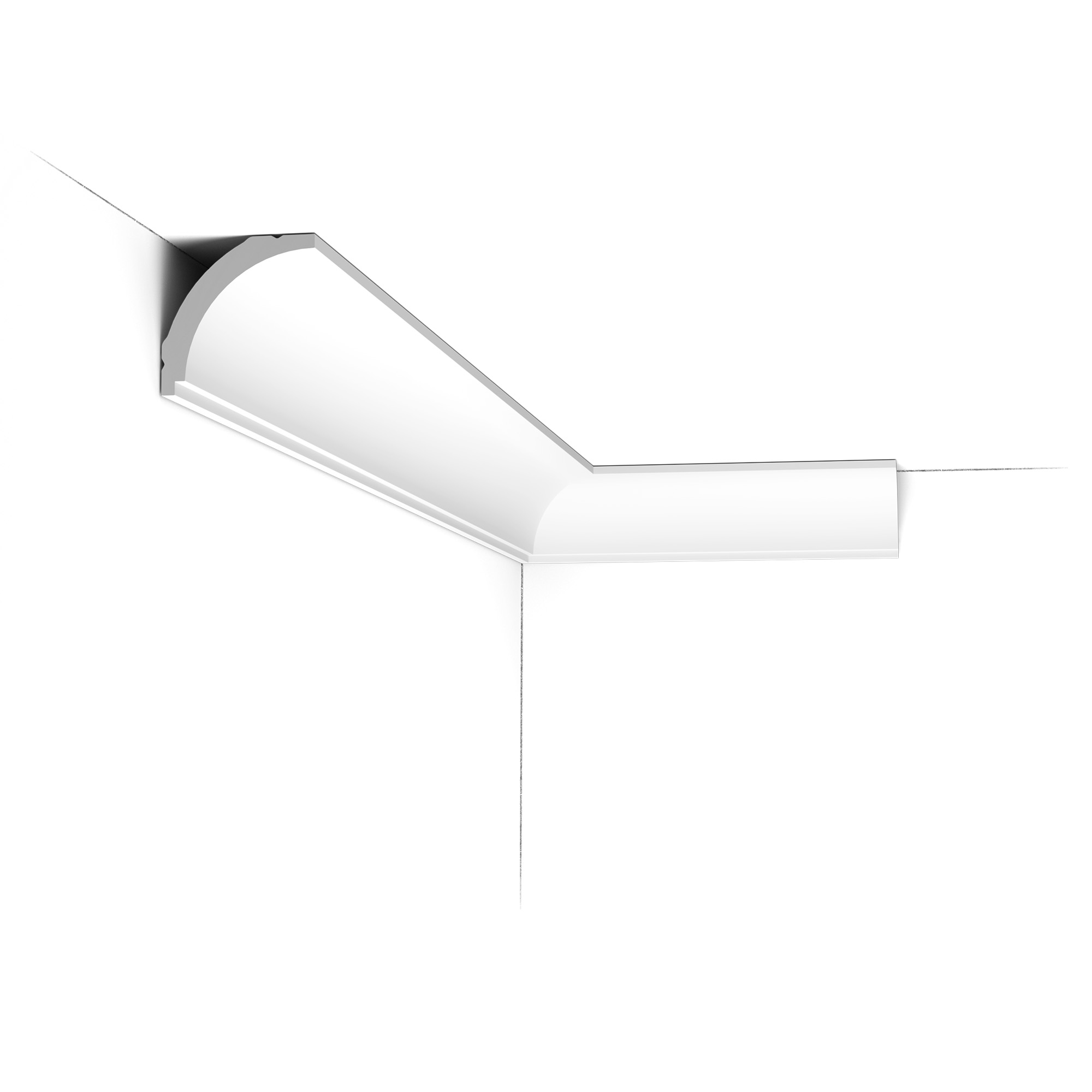 Installed corner view of the CX109 Orac duropolymer cornice showing a smooth curved classical profile with minimal detailing.
